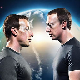 A hyper-realistic image of Mark Zuckerberg and Elon Musk confronting each other, with Earth as the backdrop.