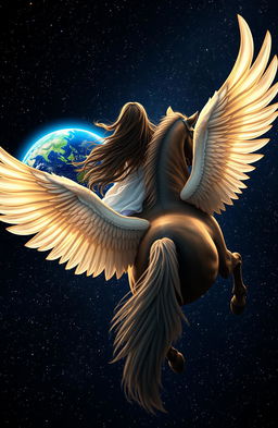 An enchanting scene featuring the back of a beautiful woman, with long flowing hair, riding on a majestic winged horse