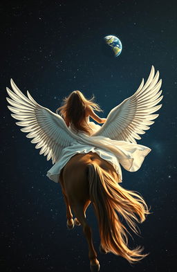 An enchanting scene featuring the back of a beautiful woman, with long flowing hair, riding on a majestic winged horse