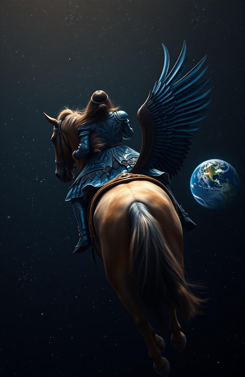 A captivating image of the back of a woman wearing intricate blue armor, elegantly mounted on a majestic winged horse