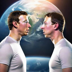 A hyper-realistic image of Mark Zuckerberg and Elon Musk confronting each other, with Earth as the backdrop.