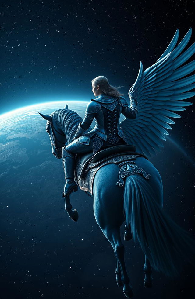 A captivating image of the back of a woman wearing intricate blue armor, elegantly mounted on a majestic winged horse