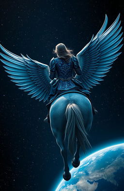 A captivating image of the back of a woman wearing intricate blue armor, elegantly mounted on a majestic winged horse