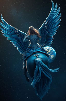 A captivating image of the back of a woman wearing intricate blue armor, elegantly mounted on a majestic winged horse