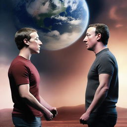 A hyper-realistic image of Mark Zuckerberg and Elon Musk confronting each other, with Earth as the backdrop.