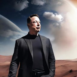 A hyper-realistic image of a giant Elon Musk gazing at Earth.