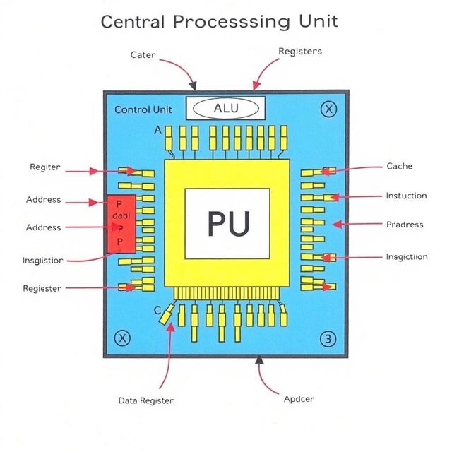 A detailed diagram of a Central Processing Unit (CPU), showcasing various components like the ALU, control unit, and cache memory