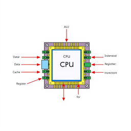 A detailed diagram of a Central Processing Unit (CPU), showcasing various components like the ALU, control unit, and cache memory