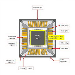 A detailed diagram of a Central Processing Unit (CPU), showcasing various components like the ALU, control unit, and cache memory