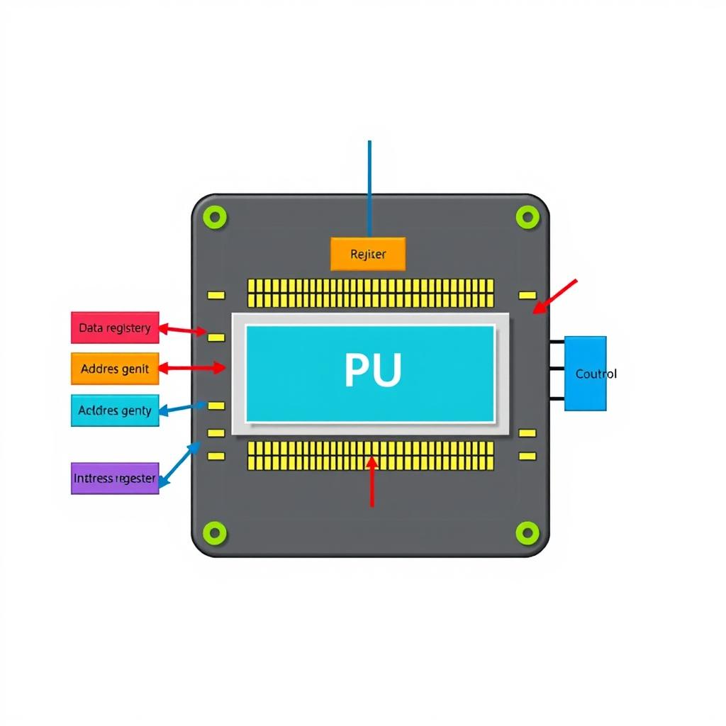 A detailed diagram of a Central Processing Unit (CPU), showcasing various components like the ALU, control unit, and cache memory
