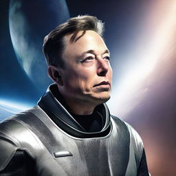 A hyper-realistic image of a giant Elon Musk gazing at Earth.