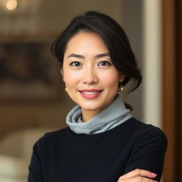 A beautiful 37-year-old Vietnamese woman with fair skin and soft facial features, dressed elegantly