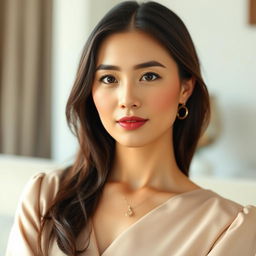 A beautiful 37-year-old Vietnamese woman with fair skin and soft facial features, dressed elegantly
