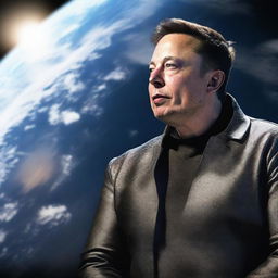 A hyper-realistic image of a giant Elon Musk gazing at Earth.