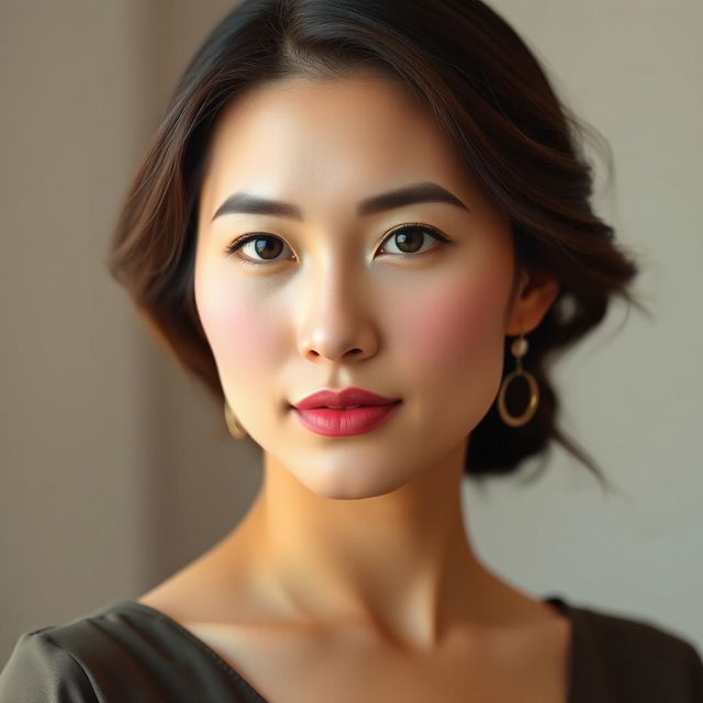 A beautiful 37-year-old Vietnamese woman with fair skin and soft facial features, dressed elegantly