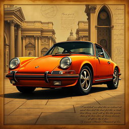 A stunning classic Porsche 911 rendered in the style of a Leonardo da Vinci poster