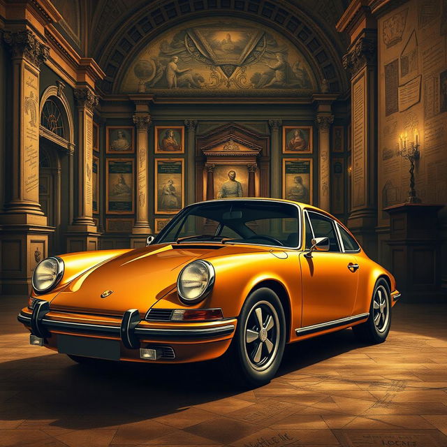 A stunning classic Porsche 911 rendered in the style of a Leonardo da Vinci poster