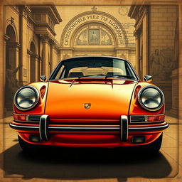 A stunning classic Porsche 911 rendered in the style of a Leonardo da Vinci poster