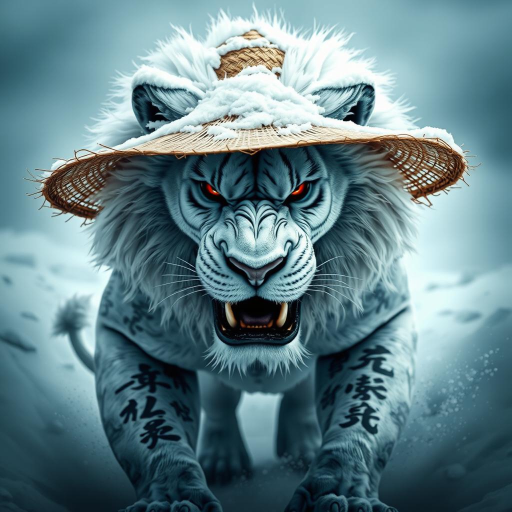 A powerful snow lion with a fierce expression, wearing a straw hat that contrasts its white fur