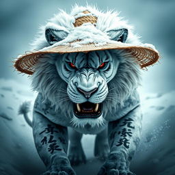 A powerful snow lion with a fierce expression, wearing a straw hat that contrasts its white fur