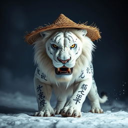 A powerful snow lion with a fierce expression, wearing a straw hat that contrasts its white fur