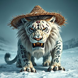 A powerful snow lion with a fierce expression, wearing a straw hat that contrasts its white fur