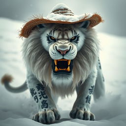 A powerful snow lion with a fierce expression, wearing a straw hat that contrasts its white fur
