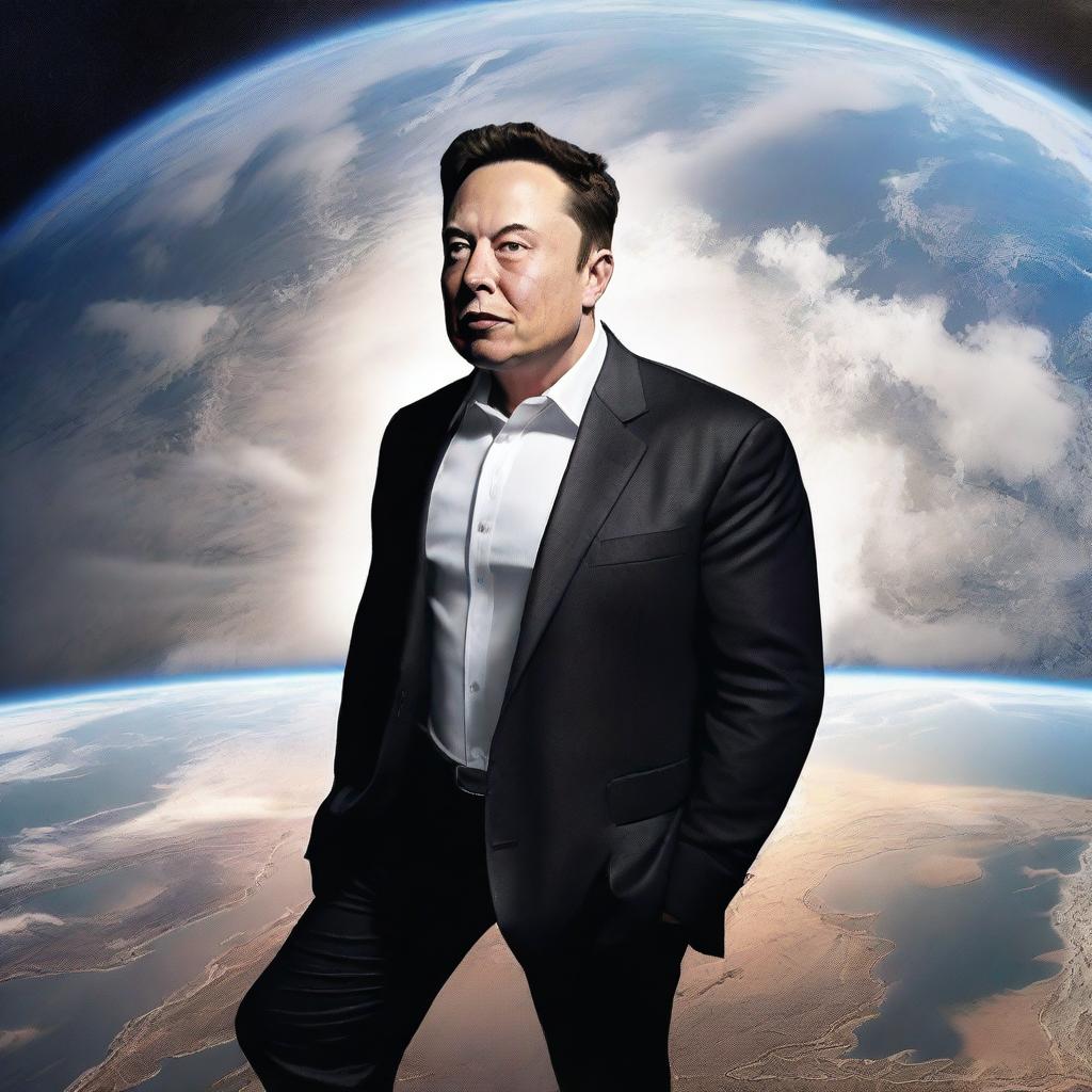 A hyper-realistic image of a giant Elon Musk gazing at Earth.