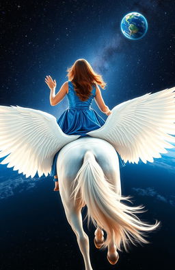 A stunning image of the back of a woman wearing a shimmering blue metallic dress, gracefully riding a majestic white winged horse