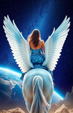A stunning image of the back of a woman wearing a shimmering blue metallic dress, gracefully riding a majestic white winged horse