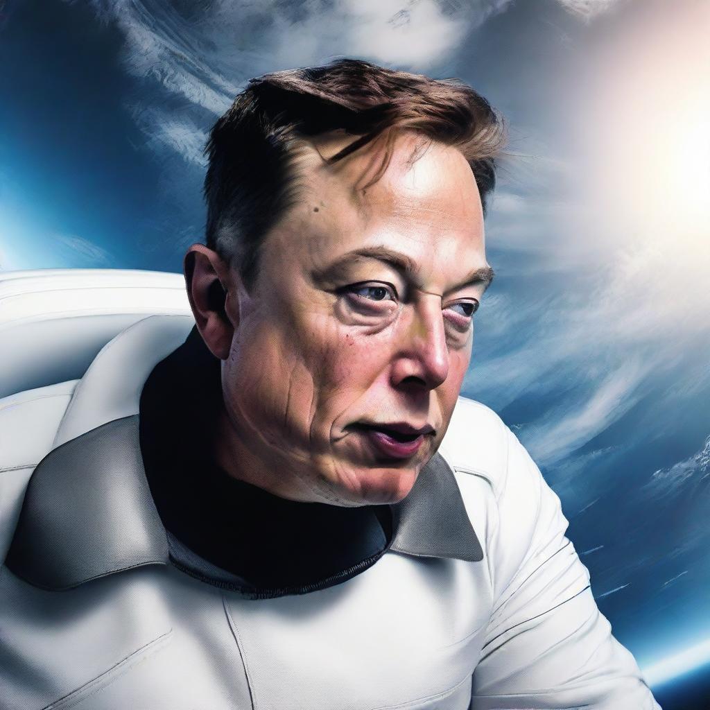 A hyper-realistic image of a colossal Elon Musk looking downwards at Earth.