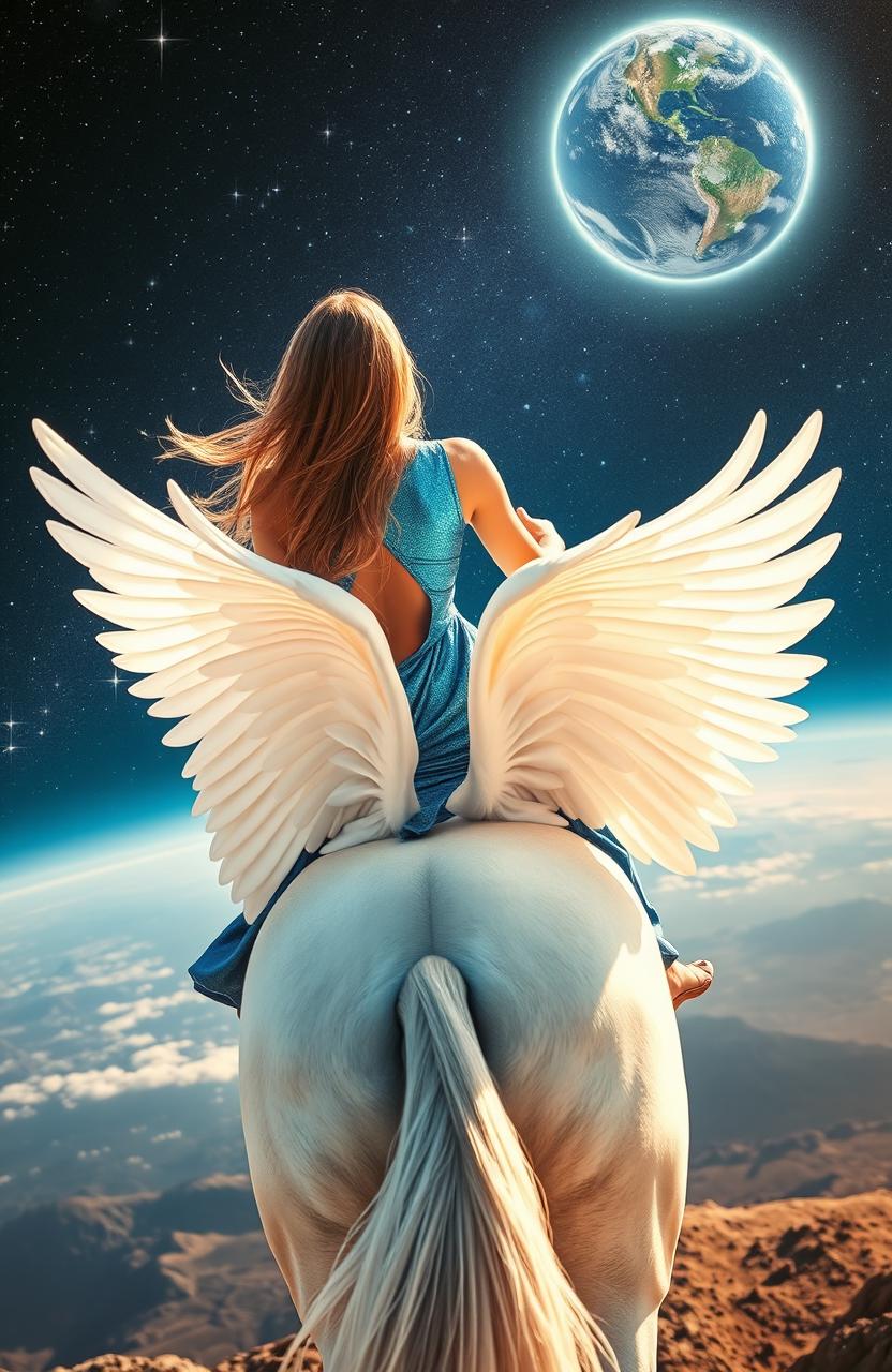 A stunning image of the back of a woman wearing a shimmering blue metallic dress, gracefully riding a majestic white winged horse