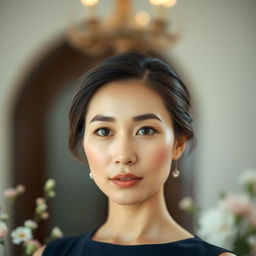 A beautiful 37-year-old Vietnamese woman with light skin and soft facial features, standing waist up, dressed elegantly with a serene expression