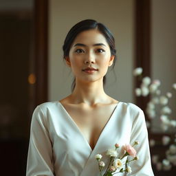 A beautiful 37-year-old Vietnamese woman with light skin and soft facial features, standing waist up, dressed elegantly with a serene expression