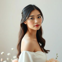 A beautiful 37-year-old Vietnamese woman with light skin and soft facial features, standing waist up, dressed elegantly with a serene expression