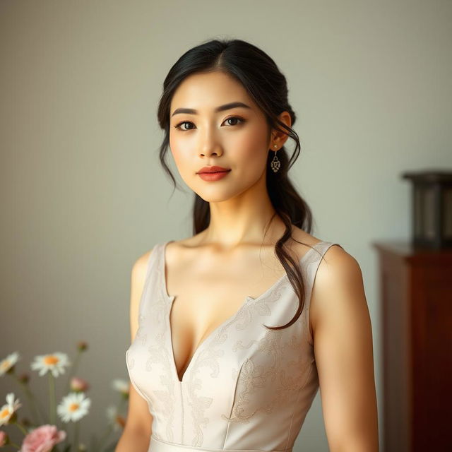 A beautiful 37-year-old Vietnamese woman with light skin and soft facial features, standing waist up, dressed elegantly with a serene expression