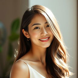 A beautiful 37-year-old Vietnamese woman with light skin, possessing soft facial features, dressed elegantly and posing from the waist up