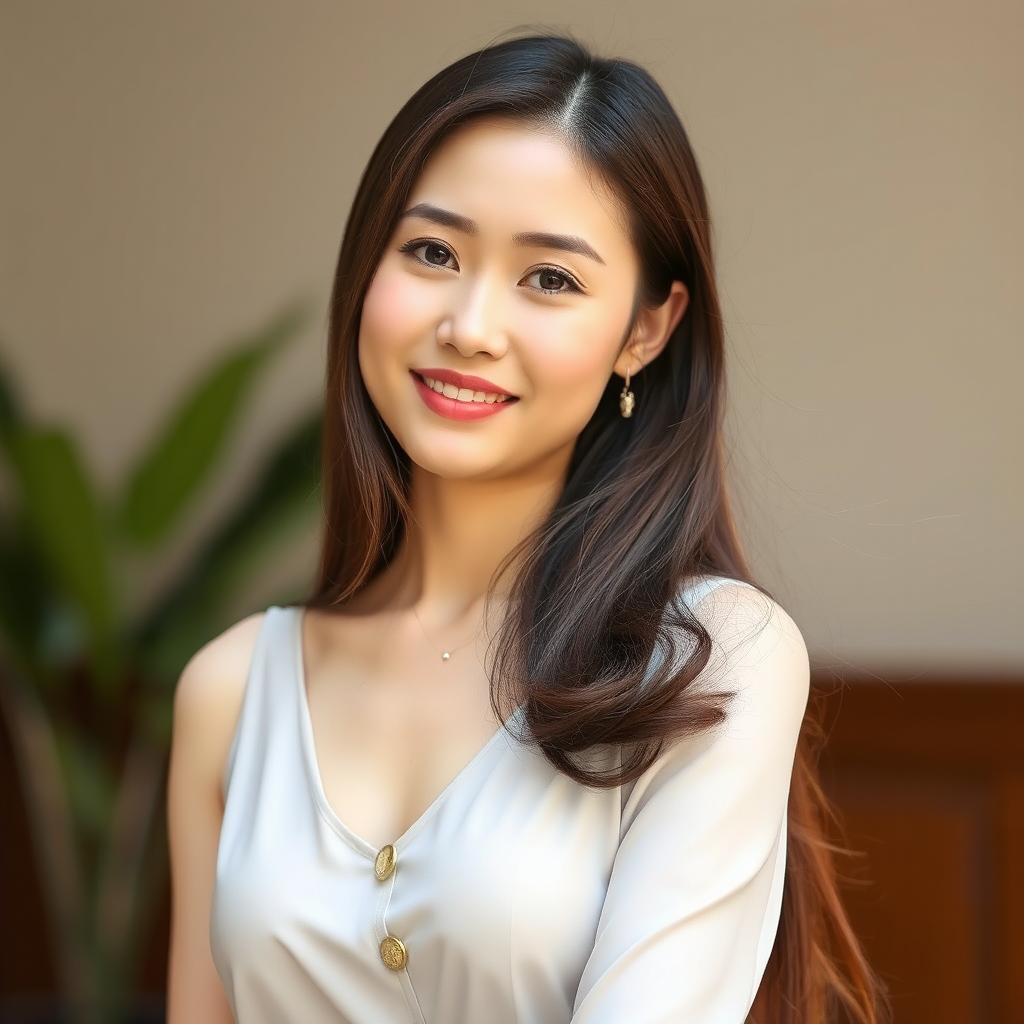A beautiful 37-year-old Vietnamese woman with light skin, possessing soft facial features, dressed elegantly and posing from the waist up