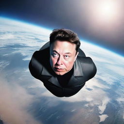 A hyper-realistic image of a colossal Elon Musk looking downwards at Earth.