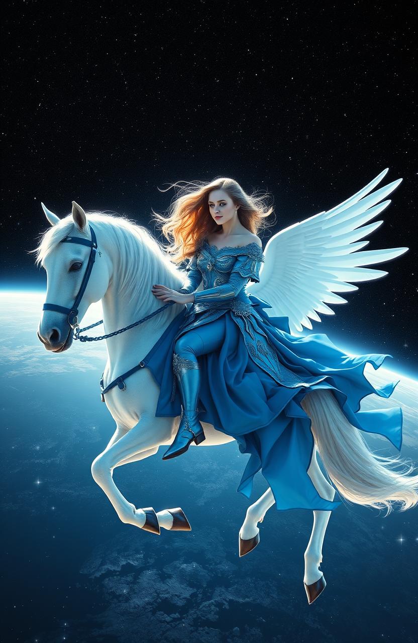 A stunning image of a woman in a beautifully crafted blue armor-like dress, riding a majestic white winged horse