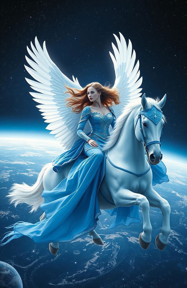 A stunning image of a woman in a beautifully crafted blue armor-like dress, riding a majestic white winged horse