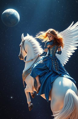 A stunning image of a woman in a beautifully crafted blue armor-like dress, riding a majestic white winged horse