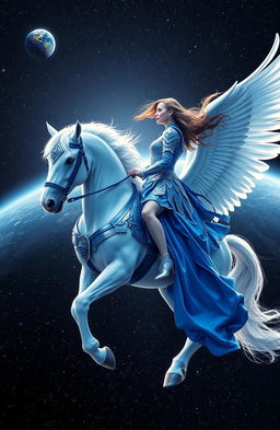 A stunning image of a woman in a beautifully crafted blue armor-like dress, riding a majestic white winged horse