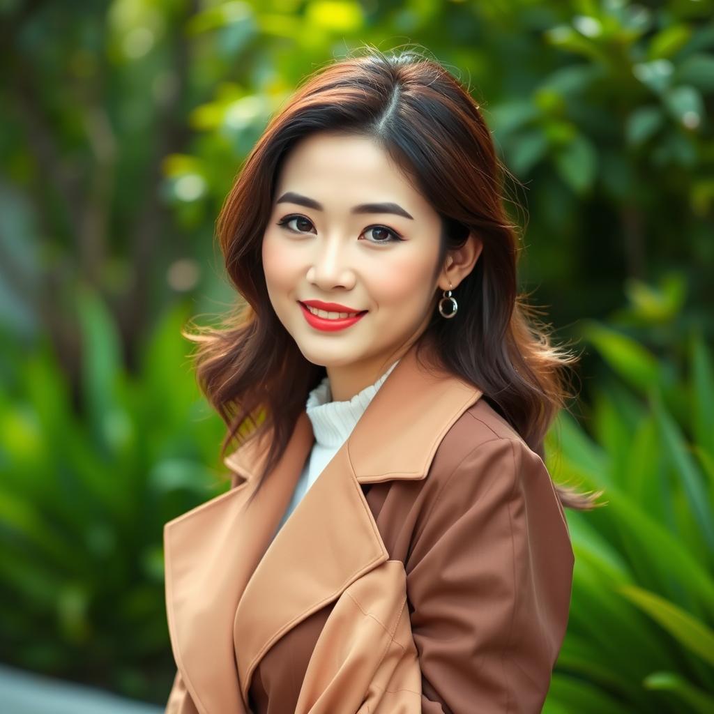 A beautiful Vietnamese woman in her 40s with light skin and soft facial features, elegantly dressed in stylish clothing