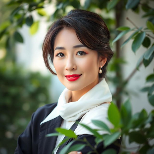 A beautiful Vietnamese woman in her 40s with light skin and soft facial features, elegantly dressed in stylish clothing