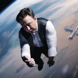 A hyper-realistic image of a colossal Elon Musk looking downwards at Earth.