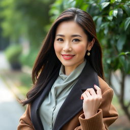 A beautiful Vietnamese woman in her 40s with light skin and soft facial features, elegantly dressed in stylish clothing