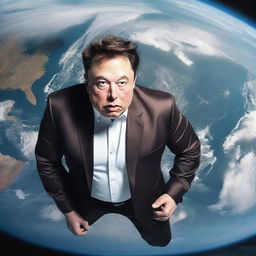 A hyper-realistic image of a colossal Elon Musk looking downwards at Earth.