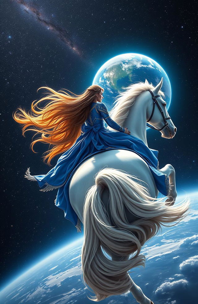 A breathtaking scene featuring the back of a woman dressed in a stunning blue armor-like gown, riding boldly on a majestic white horse with magnificent, flaming mane