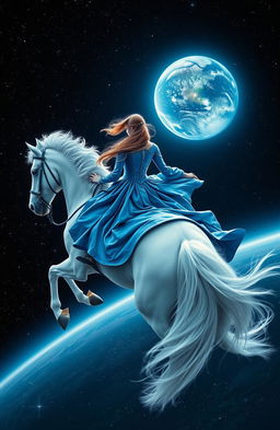 A breathtaking scene featuring the back of a woman dressed in a stunning blue armor-like gown, riding boldly on a majestic white horse with magnificent, flaming mane